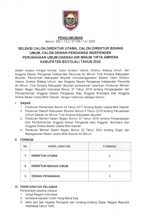 Pengumuman Seleksi Calon Direktur Utama, Calon Direktur Bidang Umum, Calon Dewan Pengawas Independen, PUDAM TIRTA AMPERA Kabupaten Boyolali Tahun 2025